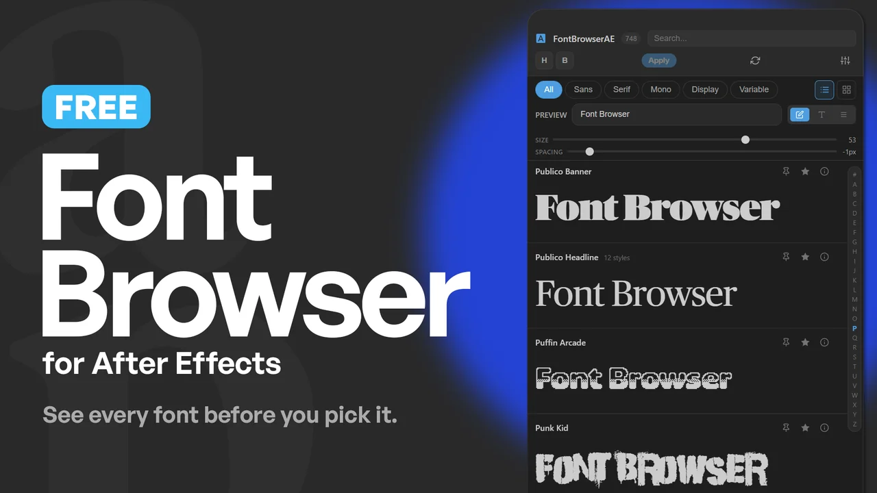 Font Browser panel in After Effects, previewing fonts